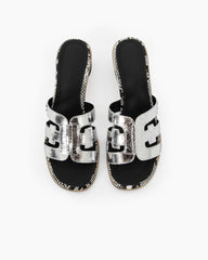 Cutout Strap Leather Mid Block Heel Slide Sandals