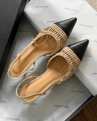 Woven Rattan Mesh Design Slingback Kitten Heel Sandals