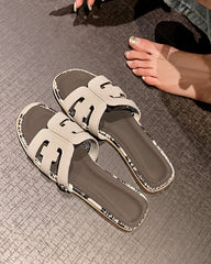 Cutout Strap Leather Flat Slip-On Slide Sandals