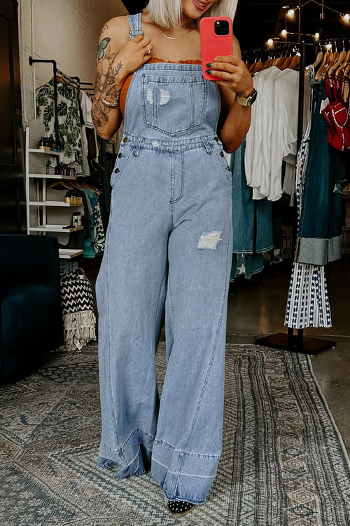 Distressed Wide Leg Denim Overalls – Light Blue
