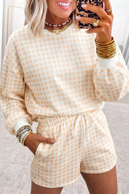 Gingham Long Sleeve Sweatshirt and Shorts Set – Pastel Yellow