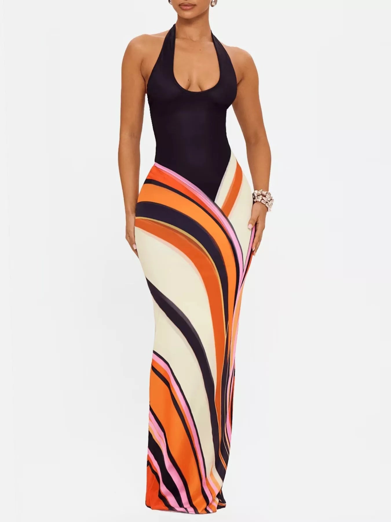 abstract halter neck dress Women's Chocolate Abstract Print Chiffon Halter Neck Mini Shift Dress