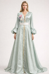 Mint Satin Embroidered Maxi Dress with Balloon Sleeves