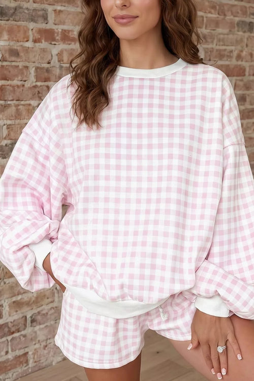 Gingham Long Sleeve Sweatshirt and Shorts Set – Blush Pink