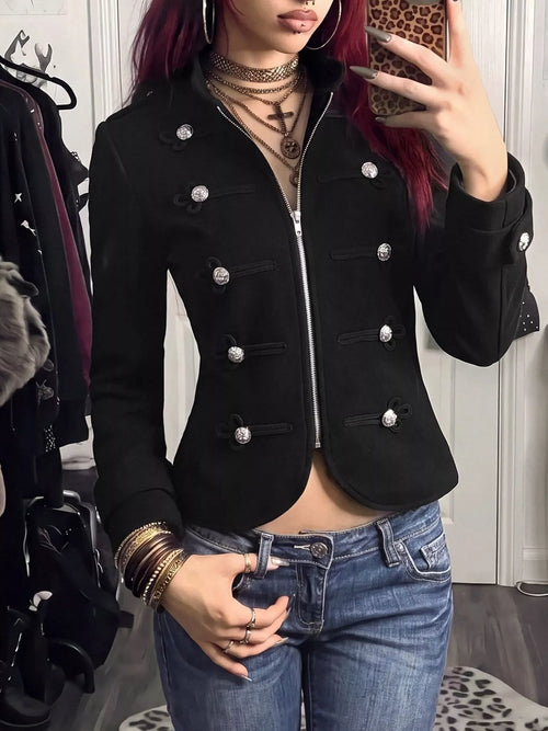 Decorative Button Zip Up Outerwear