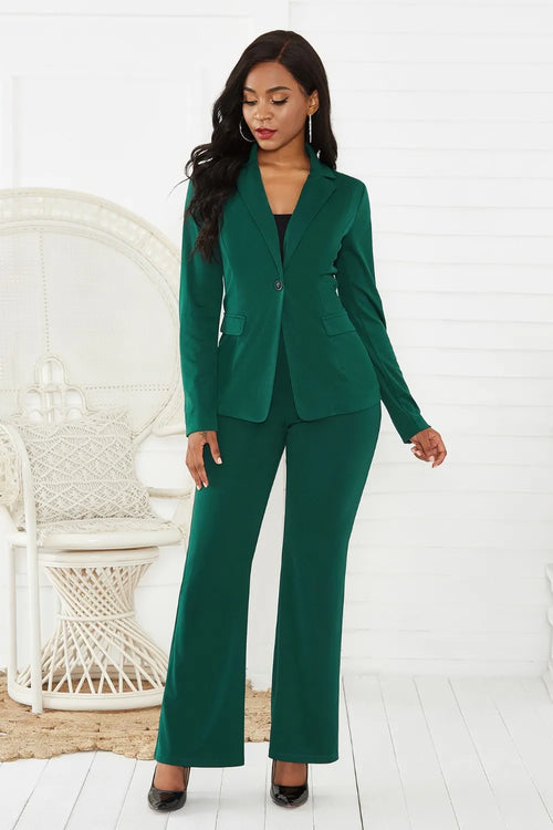 Lapel Collar Long Sleeve Blazer and Pants Set – Green / Black