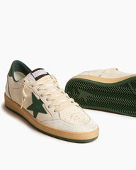 Men's White Nappa Leather Sneakers with Green Leather Star and Heel Tab