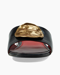 Gold Leaf Accent Black Flat Slide Sandals