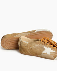 Men's Tobacco Colored Suede Nappa Leather Sneakers with White Star and Gold Heel Tab