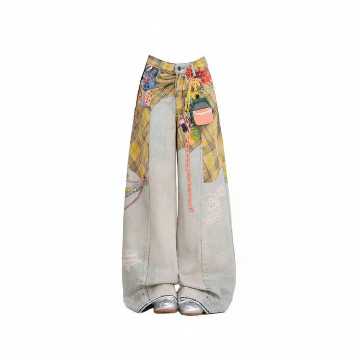 American Style Retro High Waist Loose Fit Denim Blue Trousers for Women