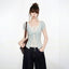 Blue V-Neck Lace Short Sleeve Blouse And Vest Two-Piece Set