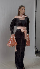 Midnight Velvet Maxi Kaftan with Blush Satin Criss-Cross Back & Sequin Flare Sleeves