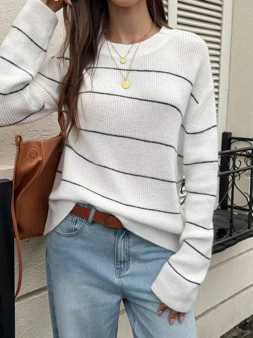 Striped Crew Neck Dropped Shoulder Sweater – White
