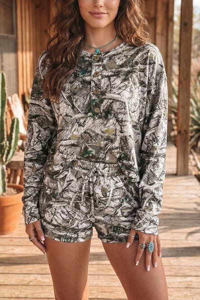 Camo Long Sleeve Top Elastic Waist Shorts Two Piece Set