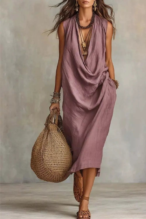 Sleeveless Drape Neck Midi Dress