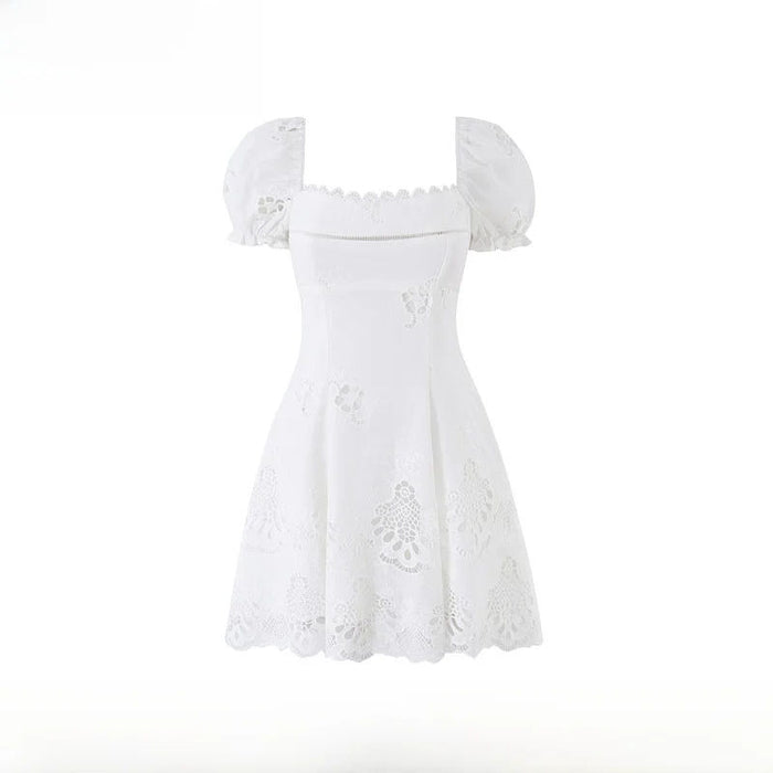 Women's Cotton Lace Embroidered Hollow Out Bubble Sleeve A-Line Mini Dress