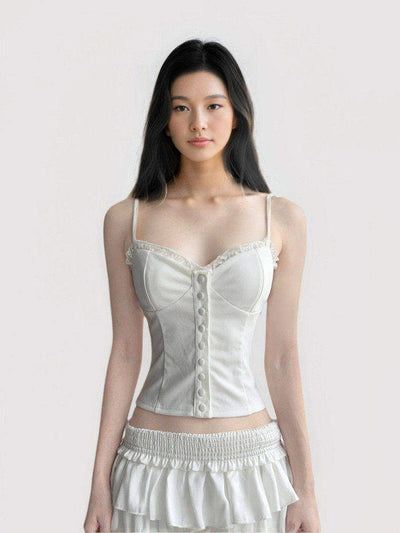 Lace Trim Button Front Camisole Top White S M L