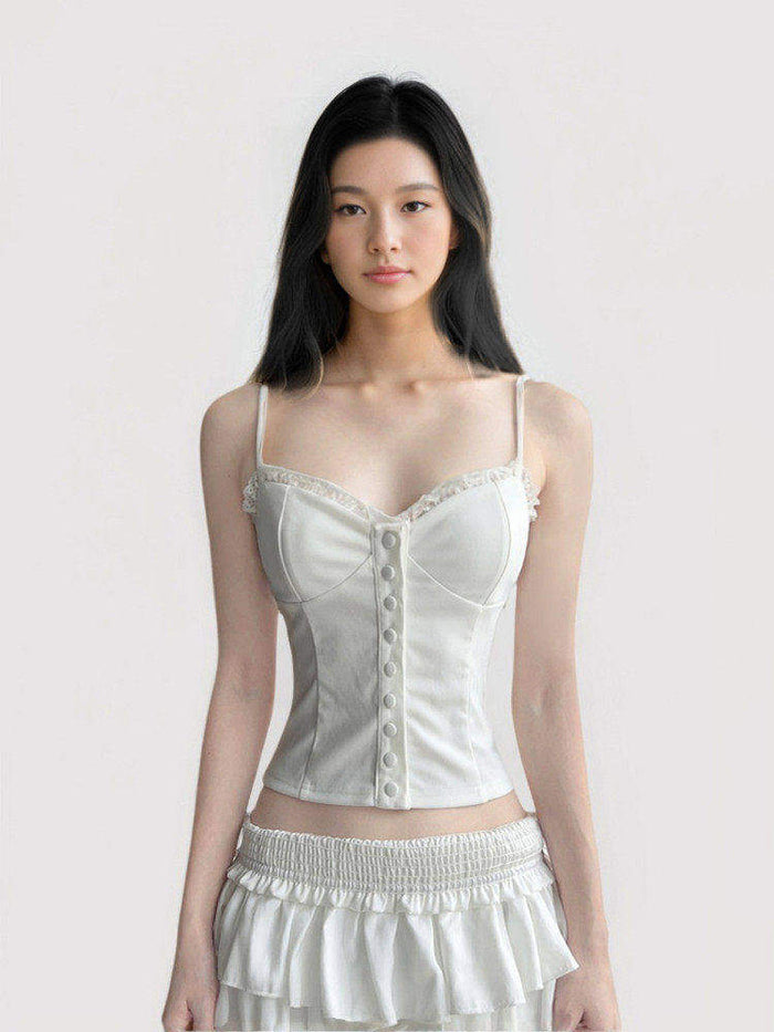 Lace Trim Button Front Camisole Top White S M L