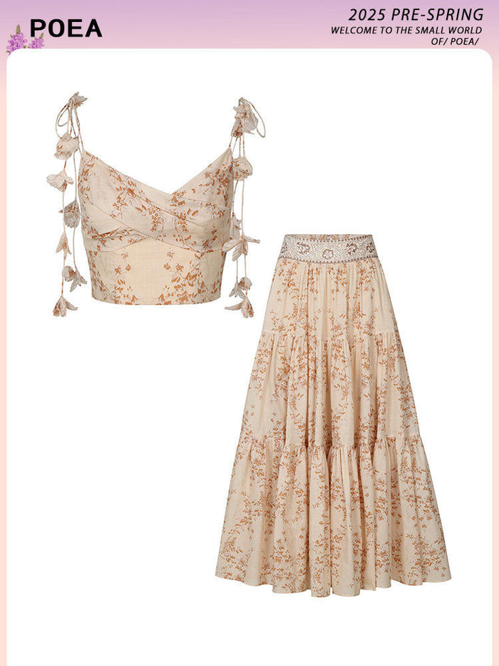 Vintage Floral Print Camisole Top And High Waist Skirt Two-Piece Set For Women