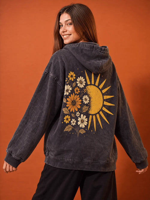 Sun Flower Washed Hoodie | Oversize Unisex Cotton Pullover