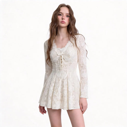 White Lace Mini Dress | Slim Fit French Style V-Neck Gown