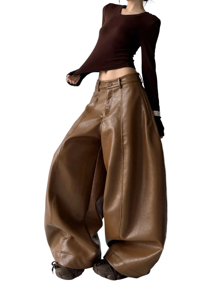 Women's Casual Retro PU Loose Straight Trousers