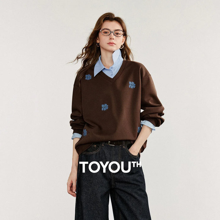 Women's Denim Flower Embroidery Fake Two Piece Splicing Sweatshirt