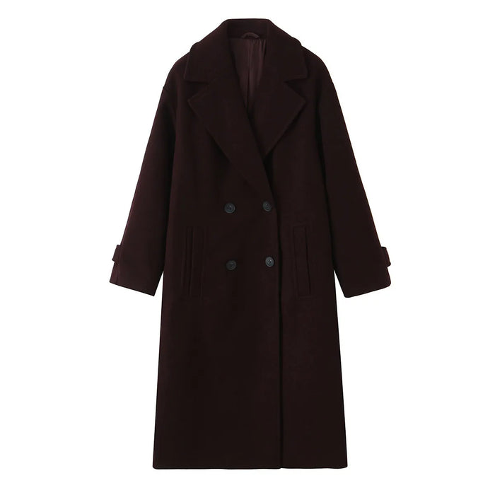 Women's Loose Fit Double-Breasted Long Woolen Coat