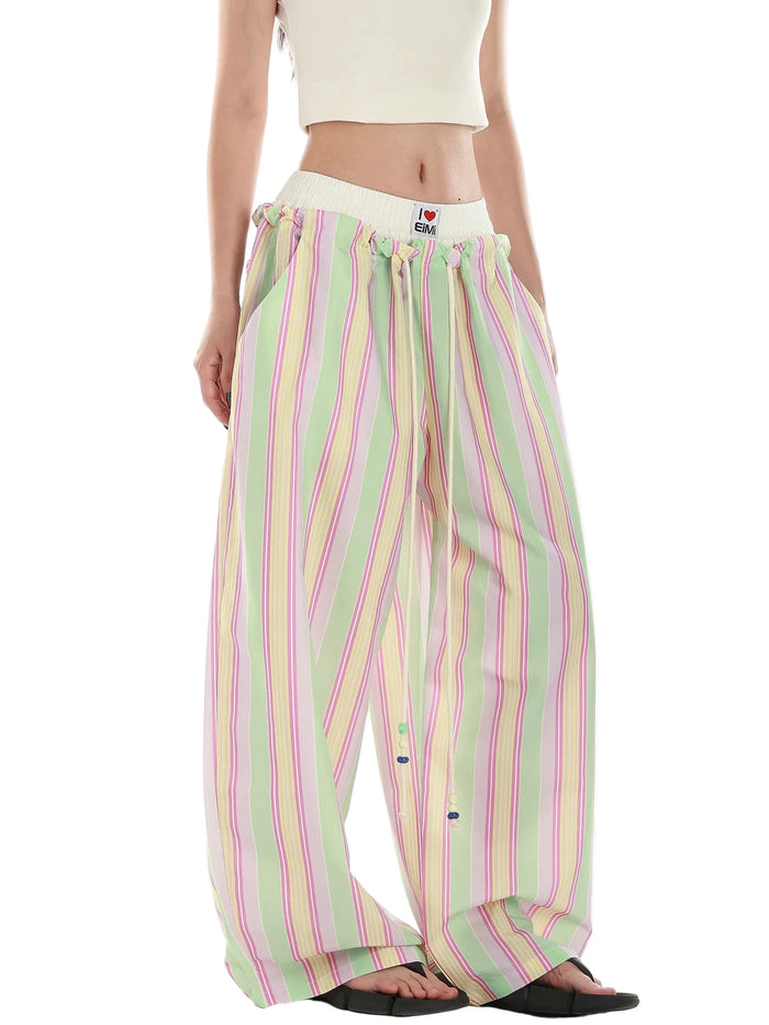 Women's Retro Striped Beaded Waistband Wide Leg Pants