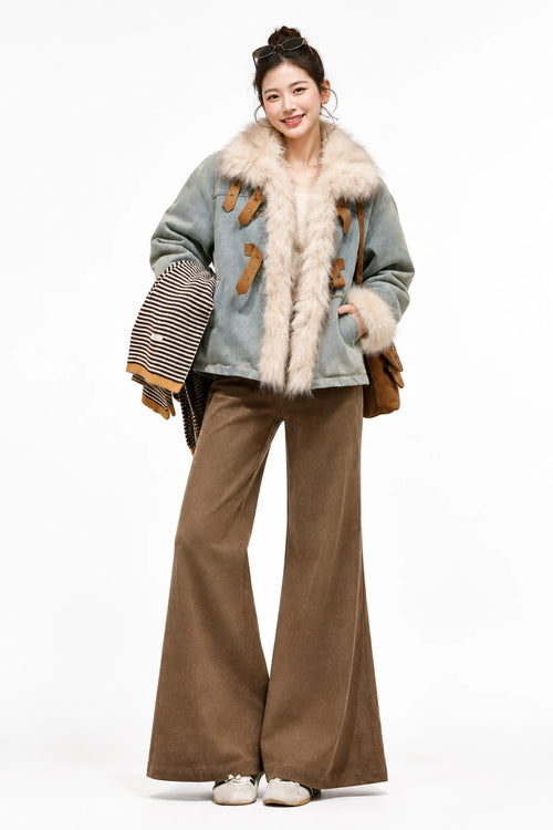 Women's Retro Velvet Denim Jacket and Trousers Two-Piece Set