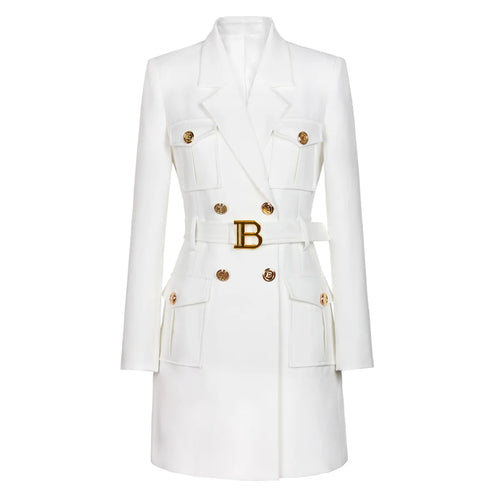 Women's Solid Color Belted Mini Dress | Double Breasted Jacket
