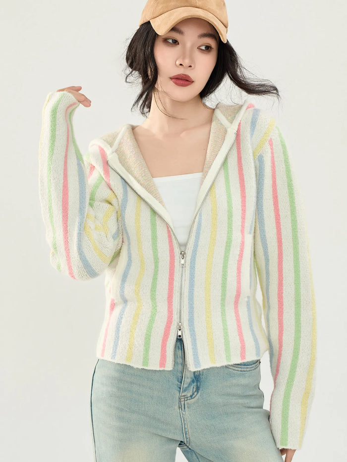 Women's Striped Hooded Zip-Up Knit Cardigan Sweater