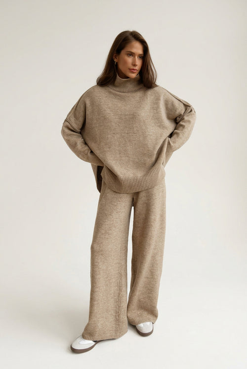 Women's Turtleneck Sweater Set | Loose Knit Wide-Leg Pants Two-Piece Outfit