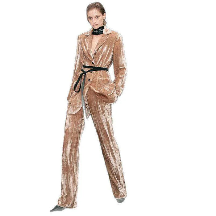 Women's Velvet Belted Blazer Jacket And Trousers Two-Piece Suit Set