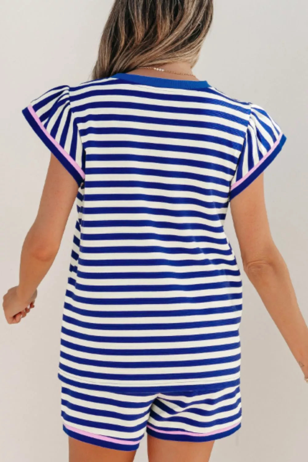 Striped Ruffle Sleeve Top and Shorts Set Secondary image