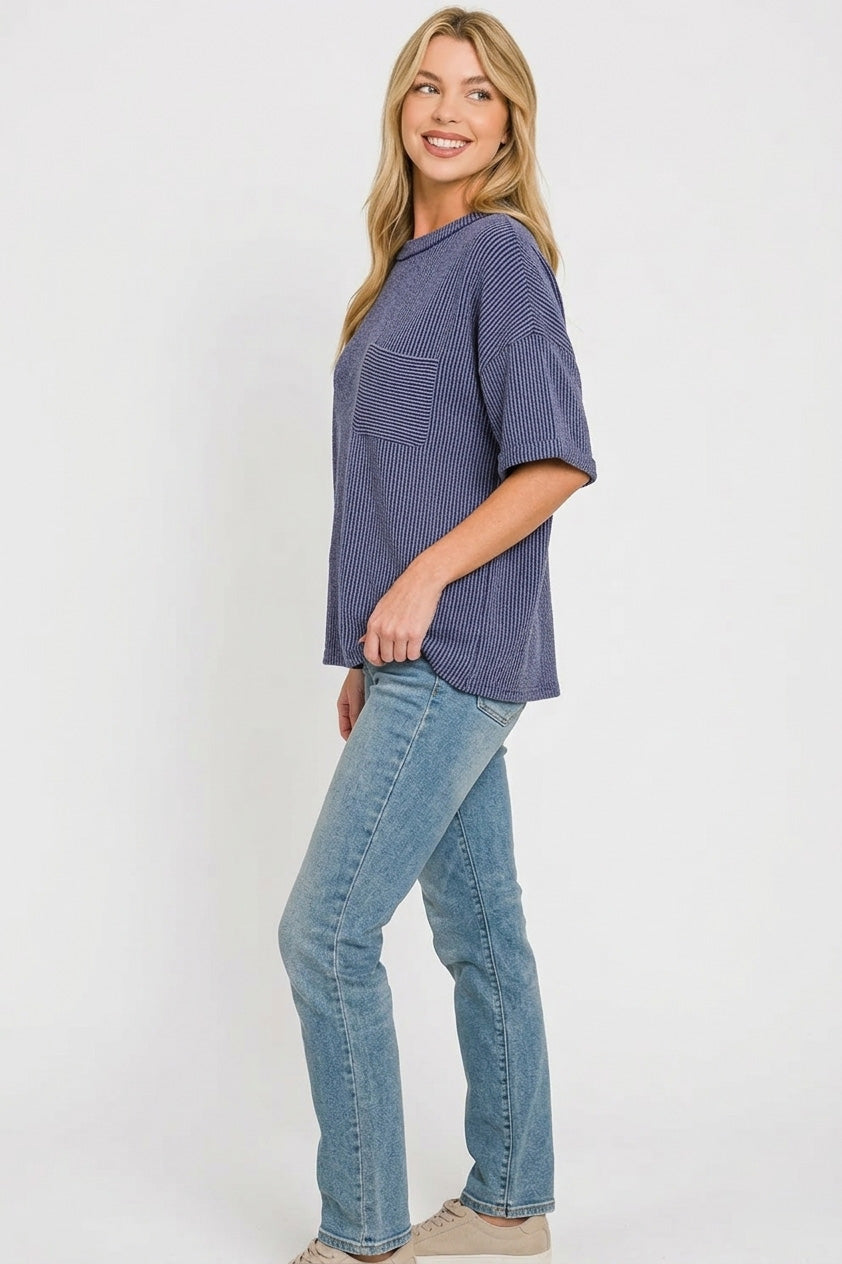 Zenana Raised Rib Short Sleeve Front Pocket Top Secondary image