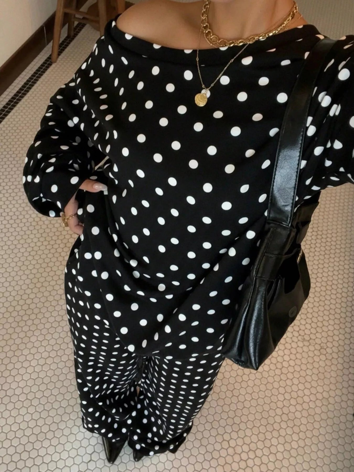 Polka Dot Boat Neck Top and Pants Set Secondary image