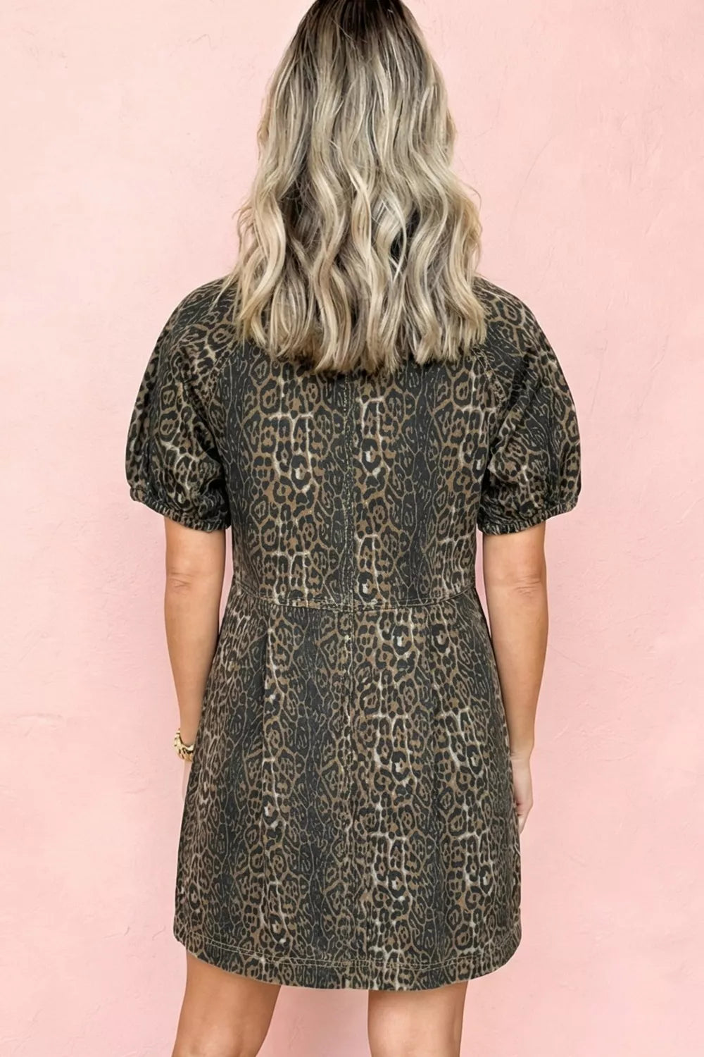 Leopard Print Puff Sleeve Denim Dress Secondary image