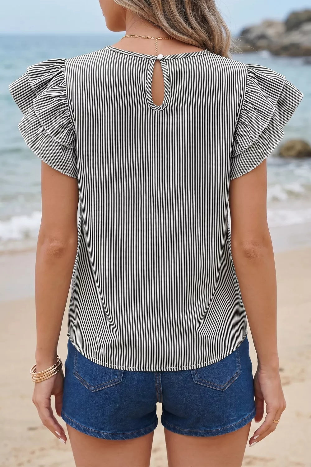 Stripe Striped Ruffle Sleeve Short Sleeve Round Neck Casual Shift Blouse Secondary image