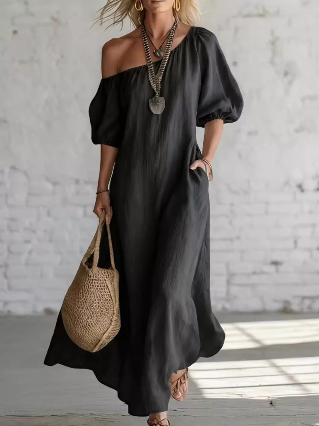One-Shoulder Puff Sleeve Maxi Dress Secondary image