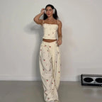 Women's Print Vest and Pleated Pants Set Lace Up
