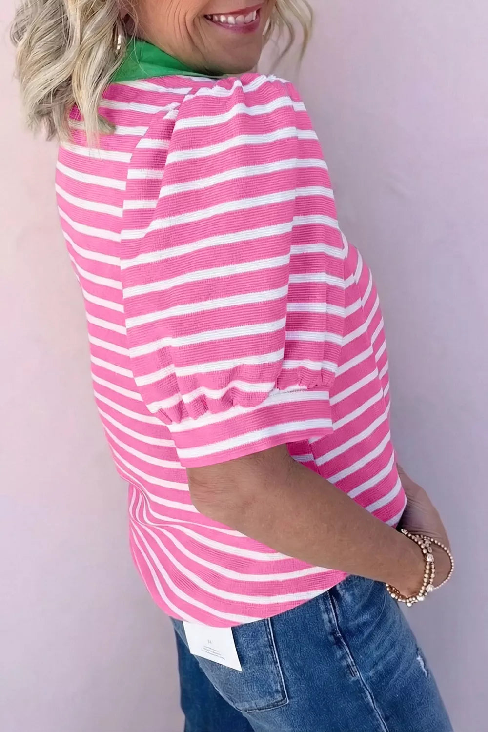 Stripe Short Puff Sleeve Color Block Polo Collar Blouse Secondary image