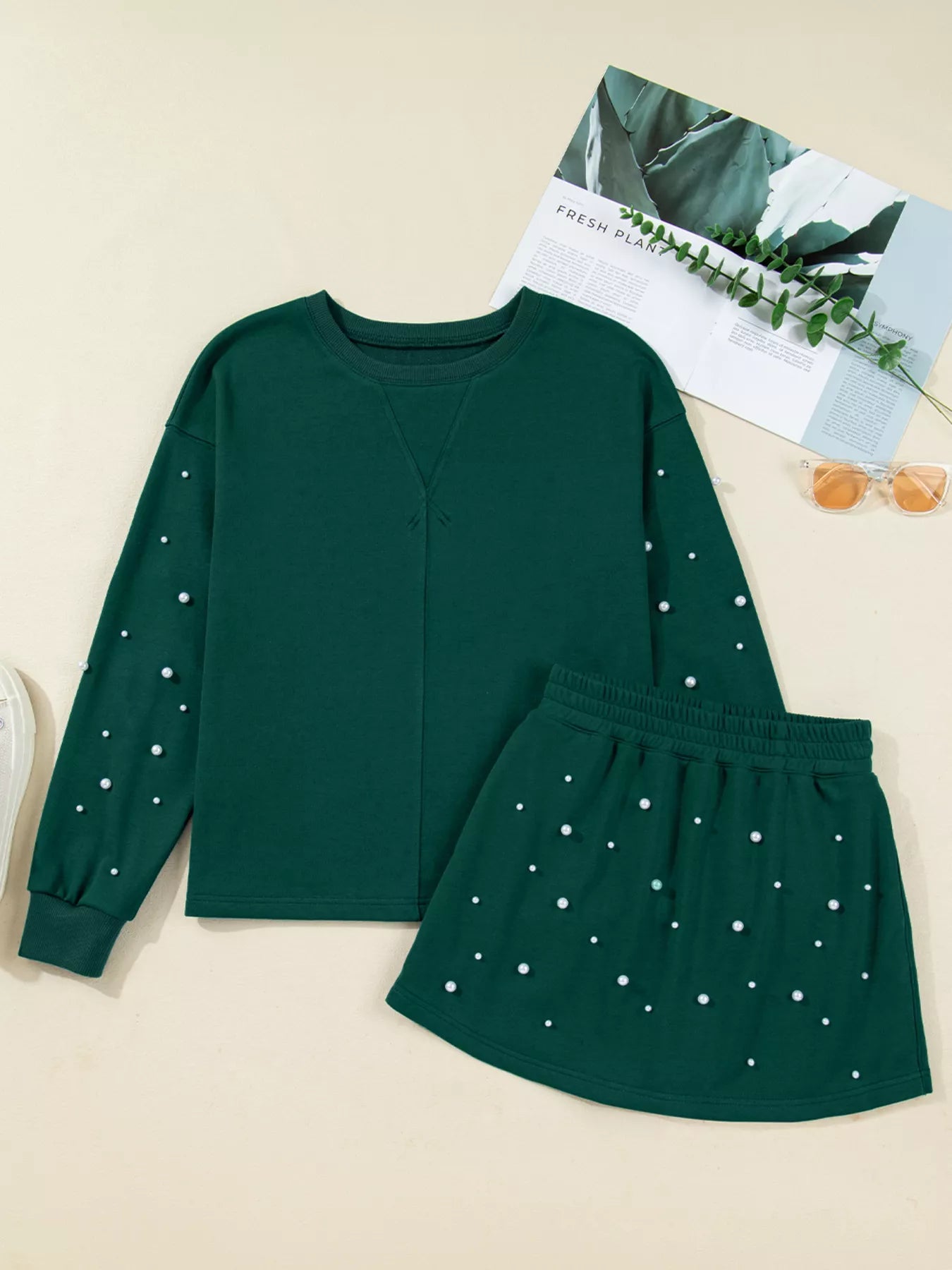 Pearl Embellished Drop Shoulder Pullover Elastic Waist Mini Skirt Set Secondary image