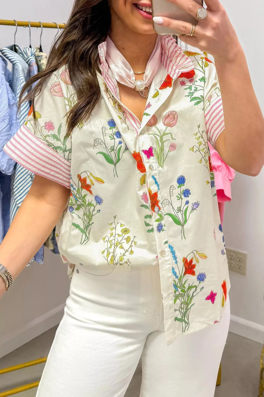Floral Striped Patchwork Ruffled Collar Short Sleeve Shirt Secondary image