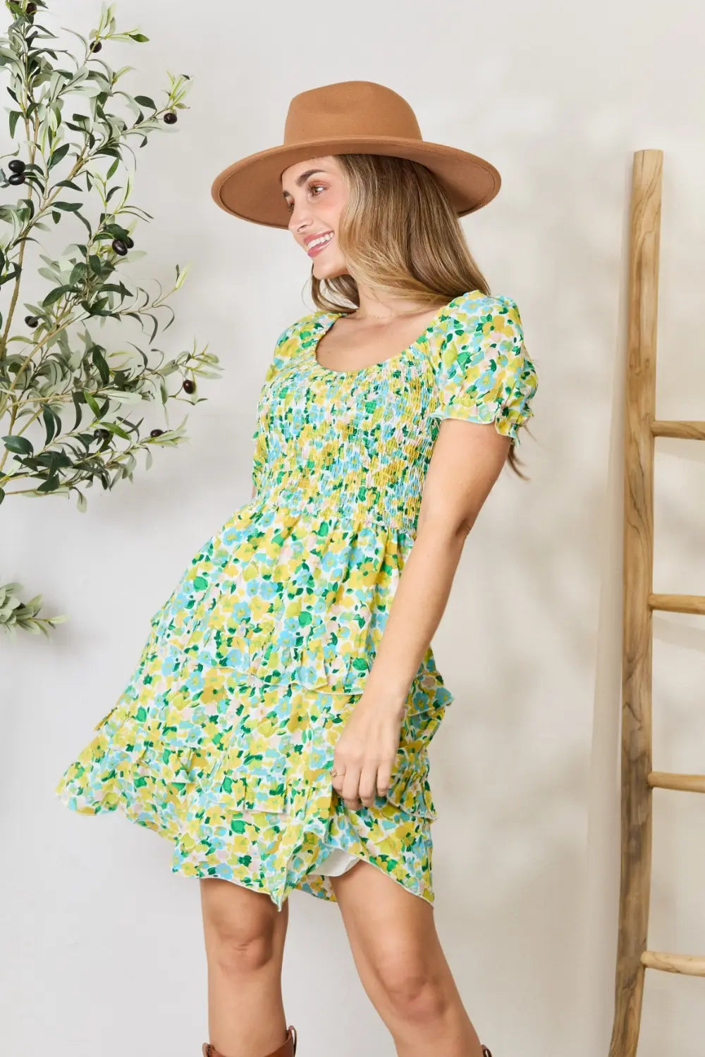 Devine Smocked Scoop Neck Flounce Sleeve Mini Dress Secondary image