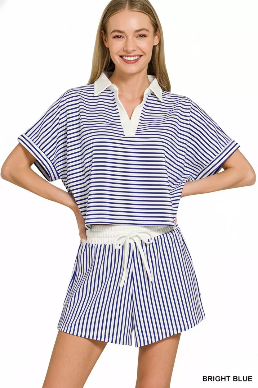 Zenana Striped Collared Top & Shorts Set Secondary image