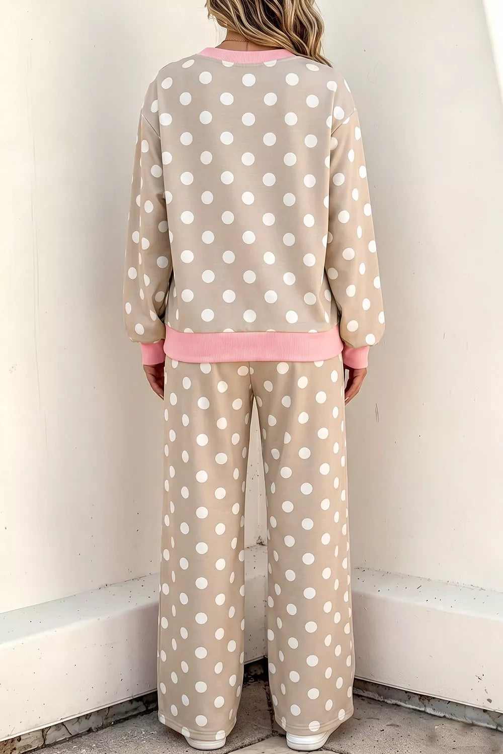 Polka Dot Contrast Trim Long Sleeve Top Drawstring Shift Pants Set Secondary image