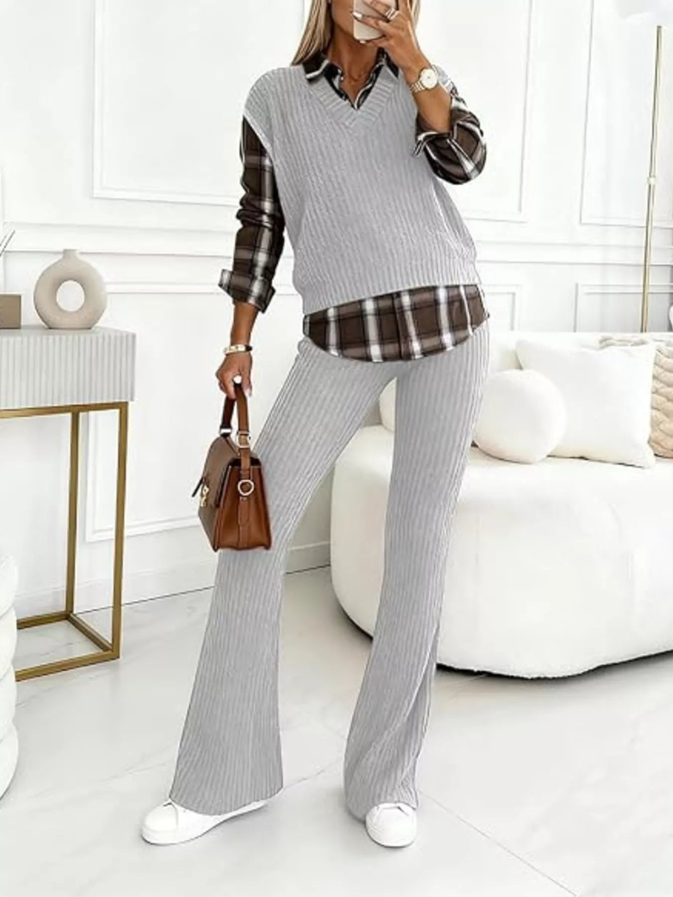 Ribbed Knit Plaid Sleeve Top & Pants Set Secondary image