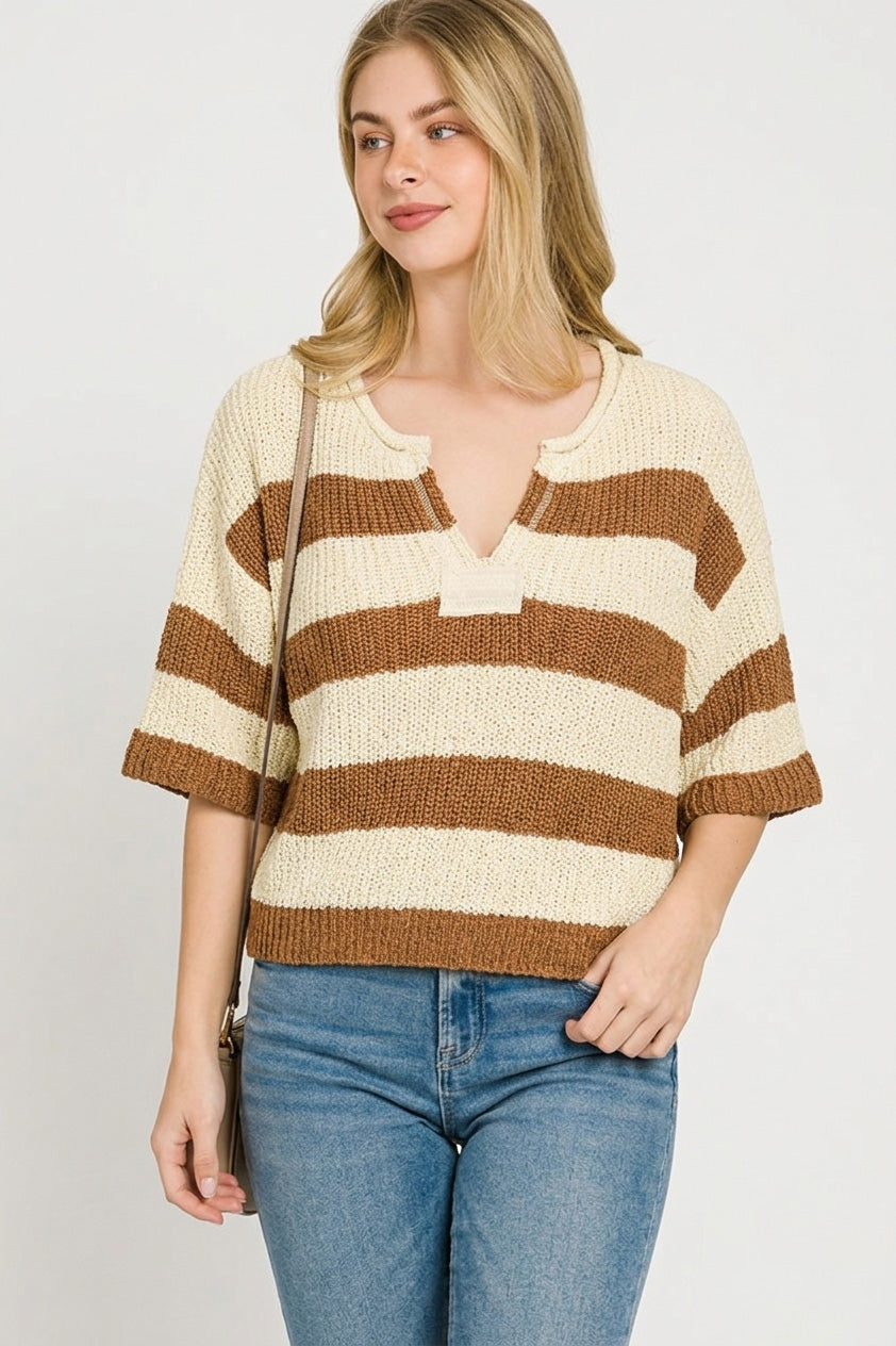 Zenana Split Neck Stripe Sweater Secondary image