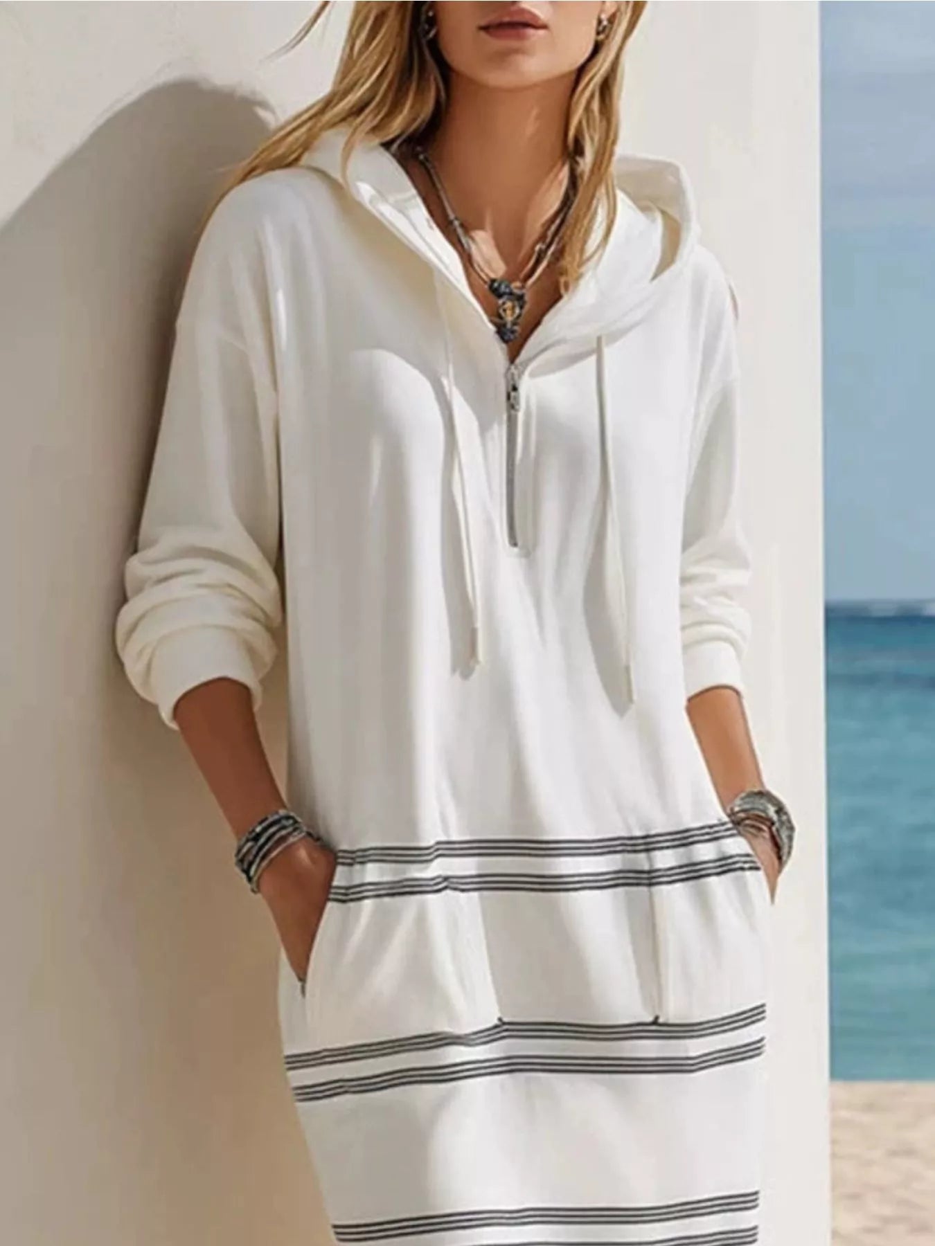 Casual Striped Drawstring Hooded Dress Secondary image